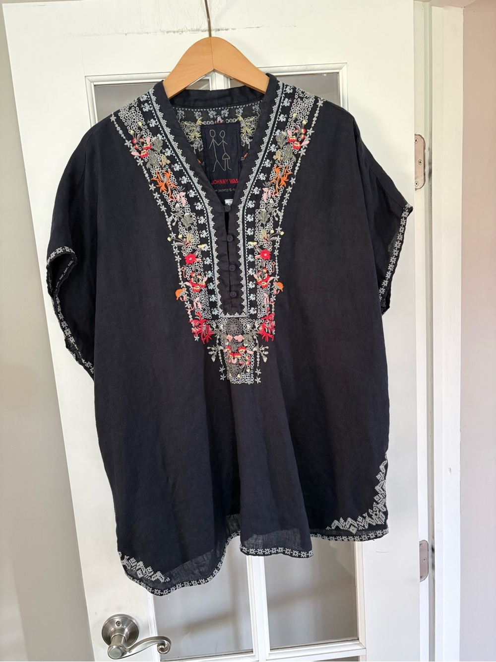Johnny Was Embroidered Top Blouse Linen Tunic Navy Blue Oversized Fit M